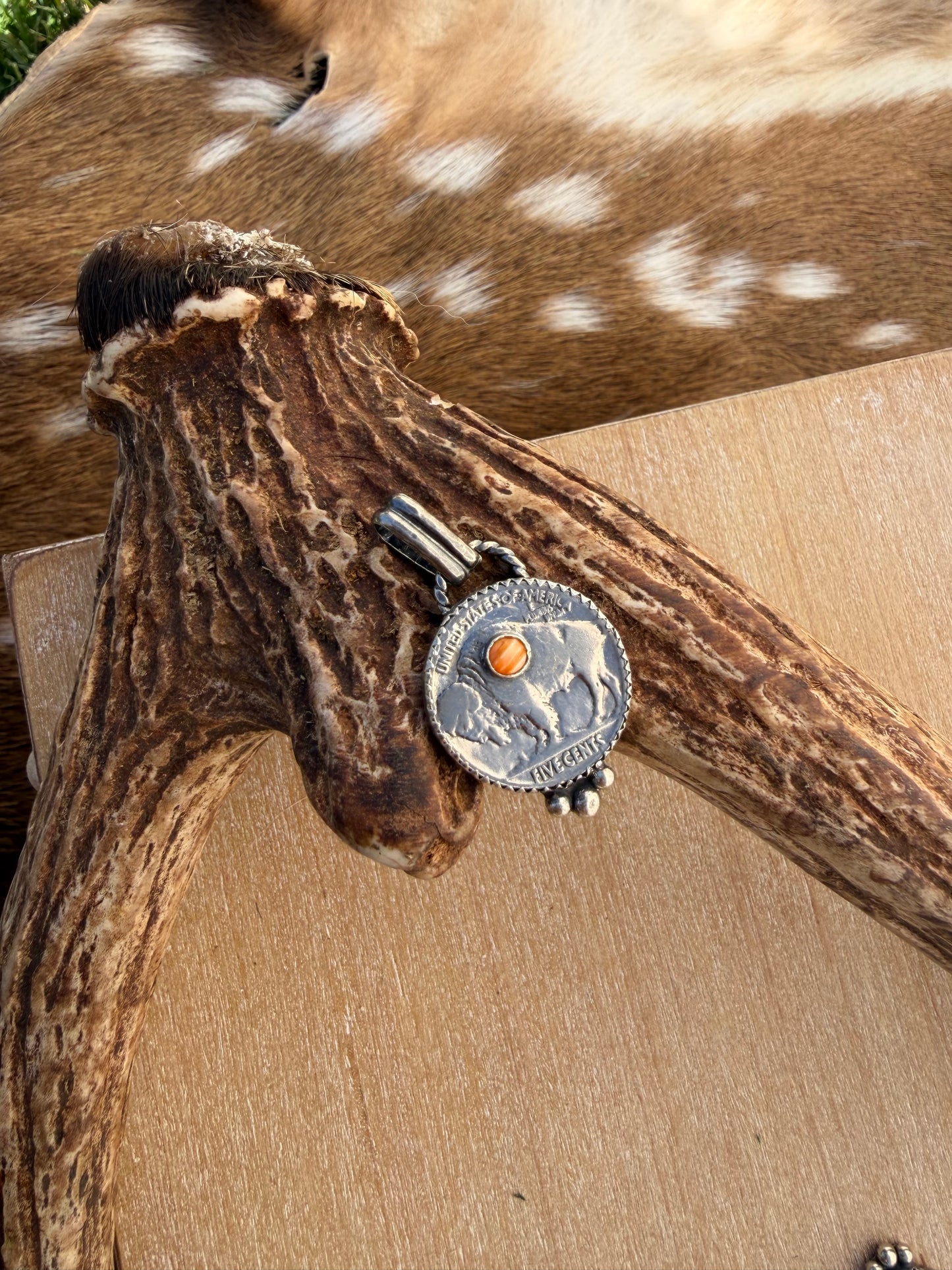 Orange spiny buffalo nickel pendant