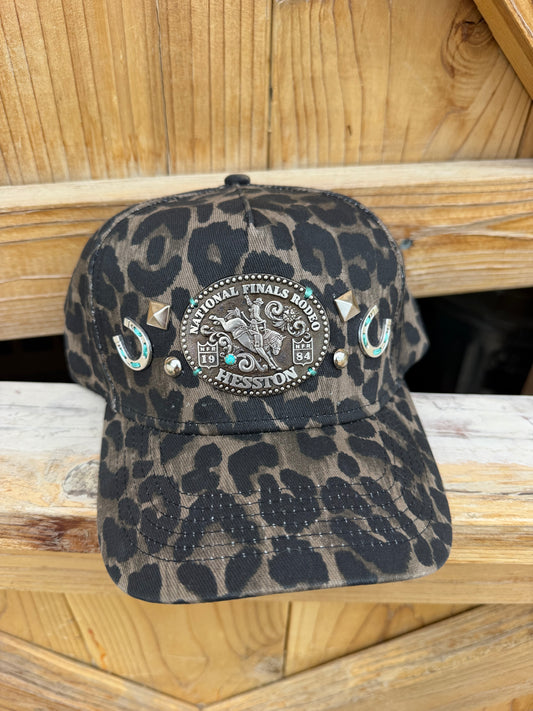 Pre order vintage  NFR buckle leopard cap with real Sonoran turquoise