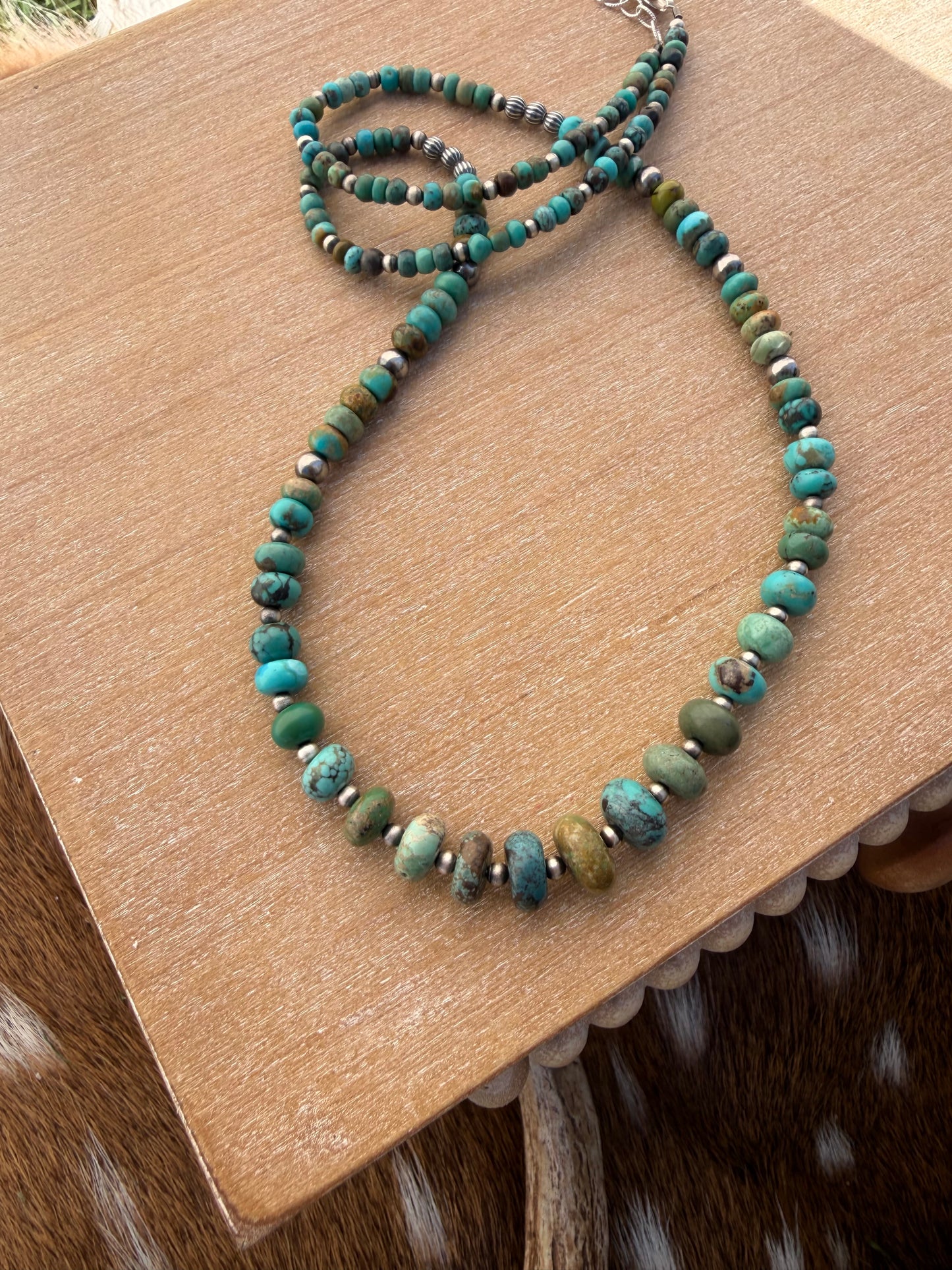 Turquoise and sterling pearl graduated necklace 22” plus 1 inch extender