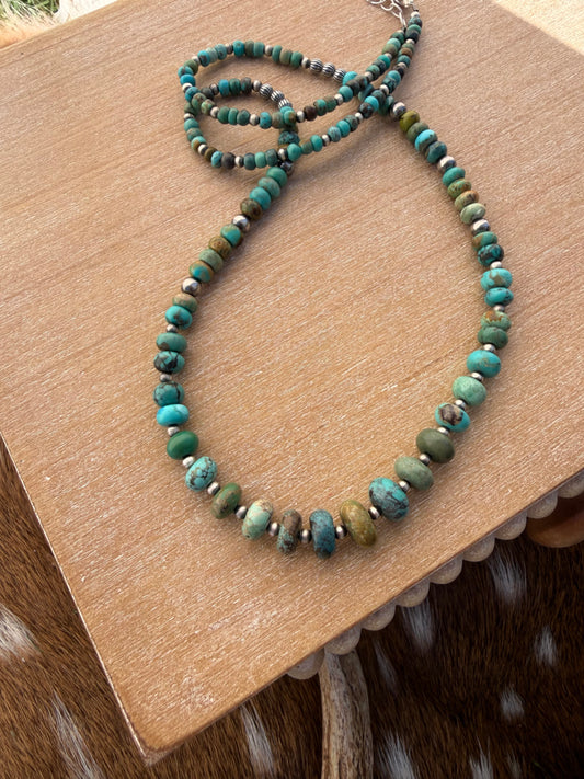 Turquoise and sterling pearl graduated necklace 22” plus 1 inch extender