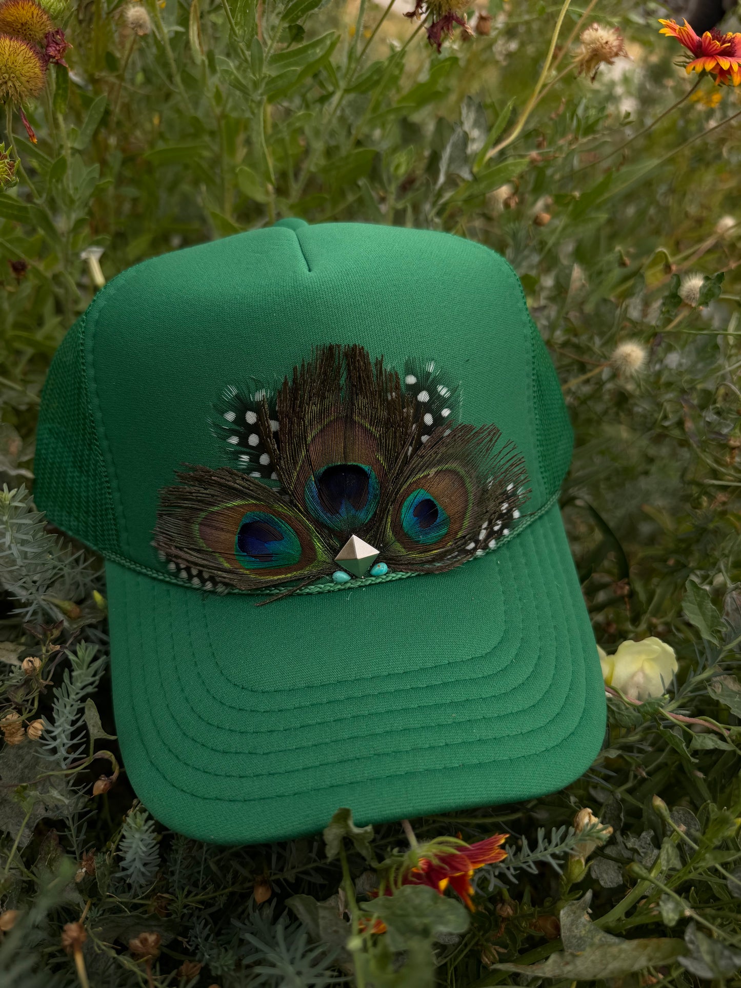 Peacock feather hat with real Sonoran turquoise
